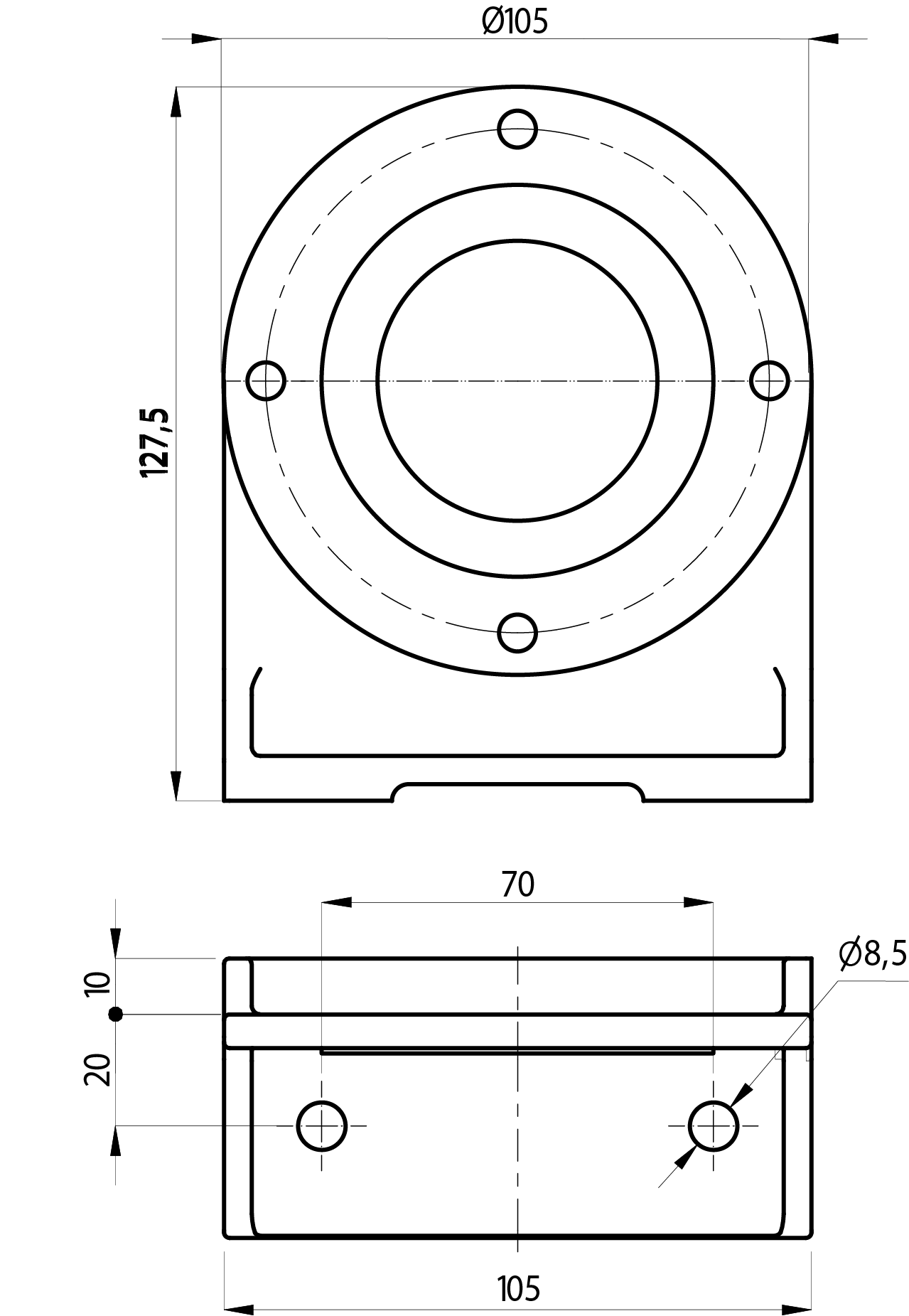 Aluminium bracket.For connection with 2 &oslash;8.5 holes on 70 mm pitch circle diameter.